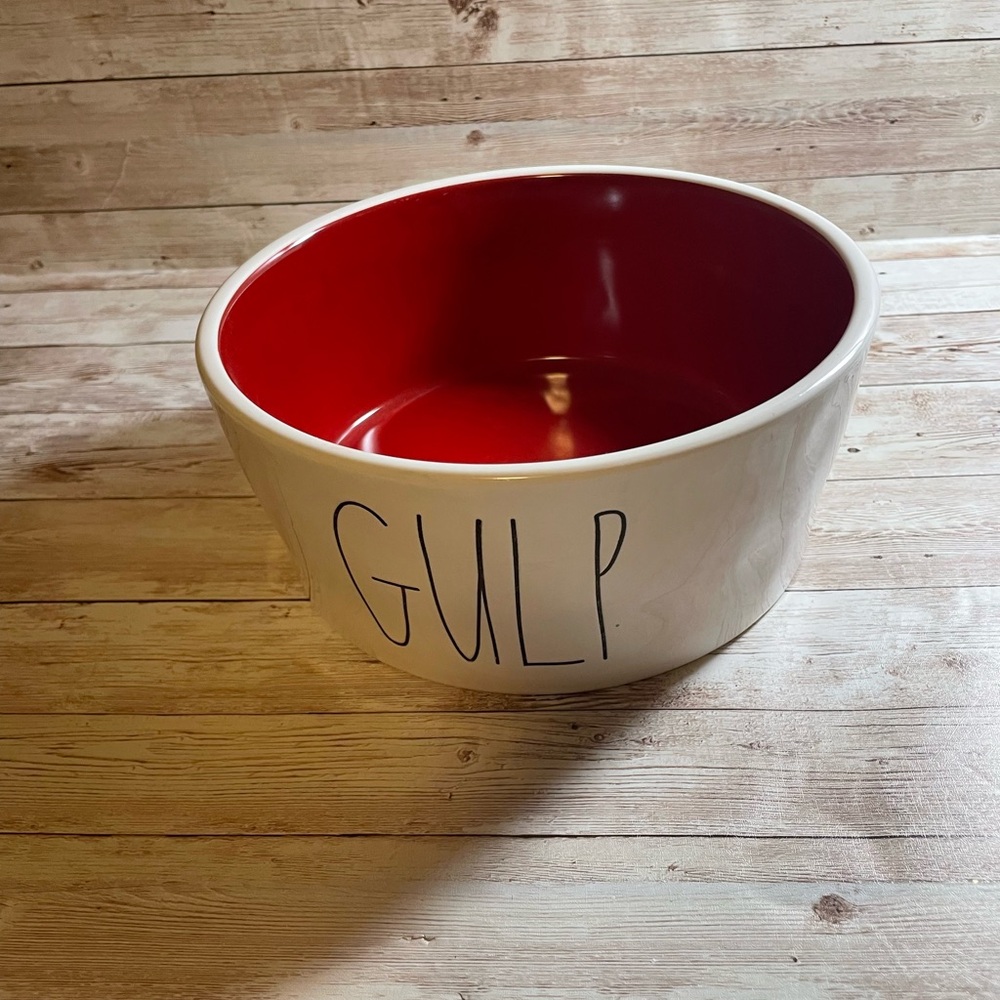 Rae Dunn White Ceramic Dog Bowl with Red Interior - GULP